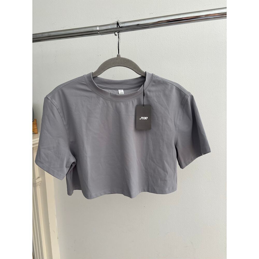 JTOO Gray Athletic Crop Top Women’s Small Short Sleeve Stretch Activewear NWT - Picture 3 of 9